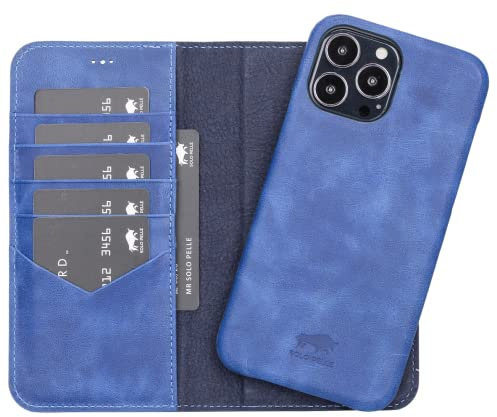 Solo Pelle Lederhülle kompatibel für iPhone 13 Pro Max in 6.7 Zoll abnehmbare Hülle (2in1) inkl. Kartenfächer für das original Apple iPhone 13 Pro Max (Vollleder Vintage Blau)