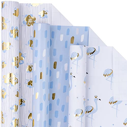 LeZakaa Geschenkpapier aus Goldfolie, Mini-Rolle, Blumen-/Flamingo-/Terrazzo-Druck für Hochzeit, Brautparty, Geburtstag, 43,2 x 304,8 cm, 3 Rollen (42,5 sq.ft.ttl.)