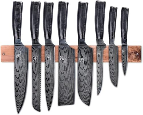 KÜCHENKOMPANE – Edelstahl Messerset Koru mit magnetischer Messerleiste als Messerblock | 8-teiliges Küchenmesser Set im Damast Design | Kochmesser mit ergonomischen Epoxid-Griff | Designed in Germany
