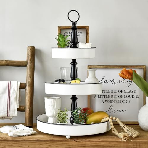 Metall Tablett Deko Tablett 3 Etagen mit Griff für Küche Esszimmer Badezimmer Regal Couchtisch Bartisch Modern Saisonale Dekoration Schwarz Weiß