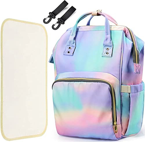 LIMHOO 3 in 1 Wickeltasche Rucksack, Multifunktions Babytaschen mit Wickelunterlage & Kinderwagengurten, Wickeltasche für Mama, Regenbogen, Reiserucksäcke
