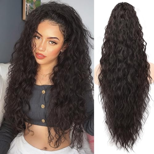 ORSUNCER Claw Long Wavy Ponytail Extension Black Brown 30 Curly Pony Tail Clip in Hair Extensions for Women fluffy Natural Looking Synthetic Hairpiece for Daily Use
