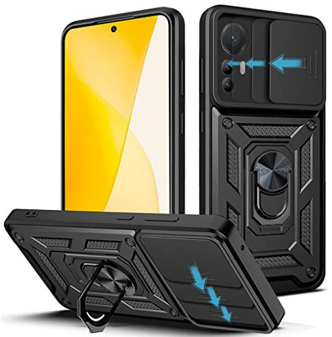 Loyhee Cover per Xiaomi 12 Lite (6.55), Custodia con Scorrevole Fotocamera Proteggi Supporto di Anello Rotante Hard PC Back Cover e TPU Bumper AntiGraffio Antiurto Case - Nero