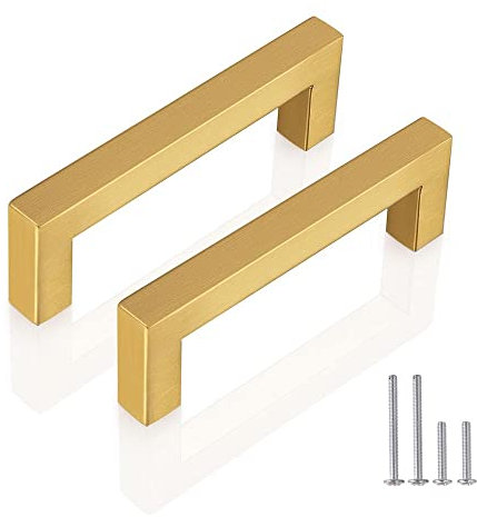 Probrico 10 Pack Gold Kitchen Cupboard Handles, Polished Brass Cabinet Door Handles, 90mm Hole Centers Drawer Handles, Square Bar, Stainless Steel
