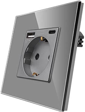 CNBINGO Glas Steckdose mit USB Ports (Typ-C und Typ-A unterstützung 20W Schnellladen) - Einfach Steckdose Unterputz in Grau - Schuko Schutzkontakt Wandsteckdose mit Glasrahmen