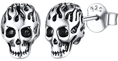 ChicSilver 925 Sterling Silver Flame Skull Earrings for Men Women Punk Skeleton Jewelry