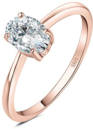 JewelryPalace 1ct Classique Cubic Zirconia Bague Ovale Solitaire Pierre en Argent 925 Femme, Plaqué Or Rose Bague Diamant Simulé Fiançailles Mariage Promise Alliance, Ensemble Parure Bijoux Mariee