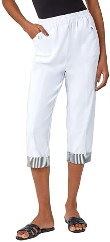 Roman Cropped Stretch Trouser for Women UK - Ladies Capri Pants Summer Leggings 3/4 Three Quarter Pedal Pusher Elasticated Waist Cut Off Contrast Detail Pull On Work - White - Size 14