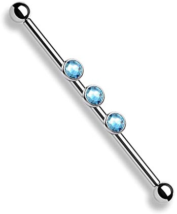 beyoutifulthings Industrial-Piercing Silber drei Kristalle Aqua Industrial-Barbell Industrial-Bar Chirurgenstahl Stab-länge 38-mm