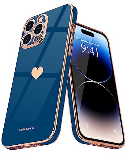 Teageo for iPhone 14 Pro Case Cute Heart Pattern for Women Girls Slim Luxury Bling Plating Soft TPU Anti-Scratch Shockproof Bumper Phone Case for iPhone 14 Pro, Royal Blue