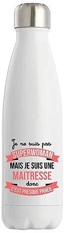 Gourde Isotherme Maitresse Superwoman | Bouteille Thermos Idée Cadeau Femme Humour Collègue famille Anniversaire Noël