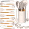 Juego de utensilios de cocina de silicona, utensilios de cocina de silicona para cocinar asas de madera, resistentes al calor de 456 °F, juego de espátulas con soporte, utensilios de cocina