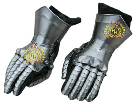 HISTORIC HANDICRAFT Rüstung Paar Handschuhe Ritter Funktionelle Metall Stulpen Nachbildung Halloween Party Kostüm, silber, Einheitsgröße