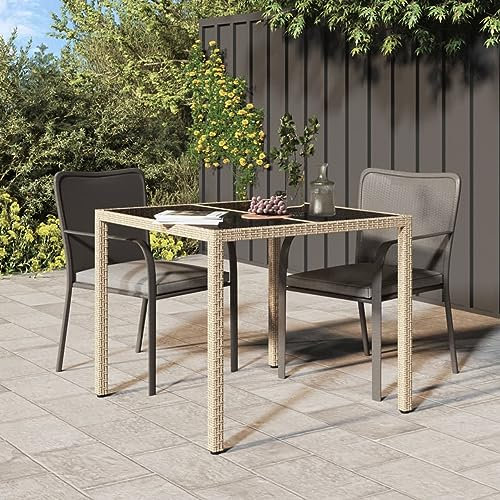 ZEYUAN Gartentisch, Bartisch, Balkontisch, Balkonmöbel Kleiner Balkon, Balkon Tisch, Beistelltisch, 90x90x75 cm Gehärtetes Glas Poly Rattan Beige