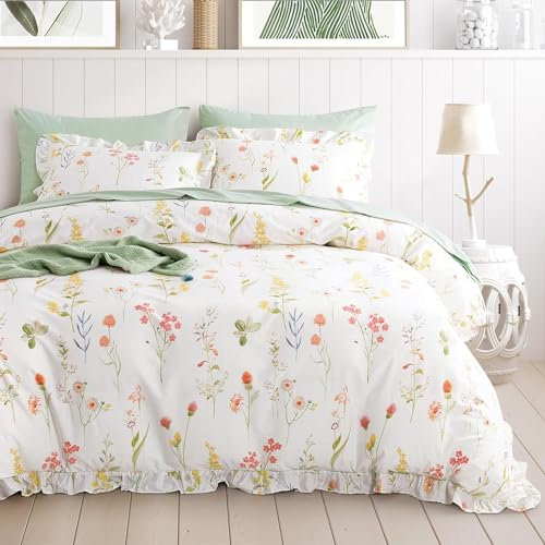 Lanqinglv Bettwäsche 200x220 cm mit Rüschen Decor Grün Weiß Bunt Blumen Pflanzenmuster Blätter Bettbezug mit Reißverschluss und 2 Kissenbezug 80x80 cm