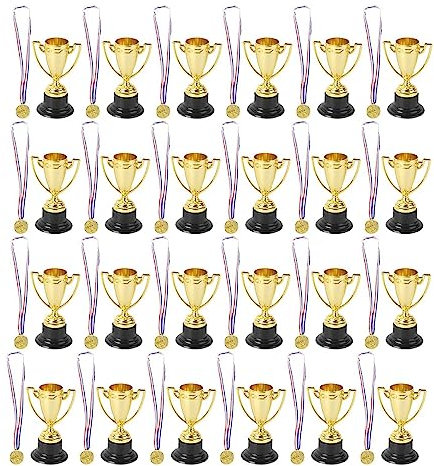 Lisher Set mit Trophäen und Medaillen, 48 Stück, 24 Stück, aus vergoldetem Kunststoff und 24 Medaillen, für Sportausgaben für Kinder, langlebige Partygeschenke