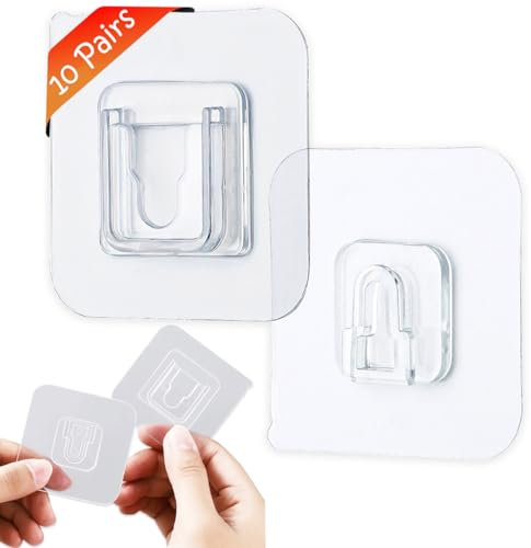UBRAVE Ganchos Adhesivos para Pared, 10 Pares Ganchos Adhesivos de Pared de Doble Cara Transparente, Impermeable, Sin Clavo/Agujero, Ganchos de Pared Multiusos para Cocina Baño Dormitorio Oficin