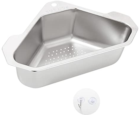 Poupangke Triangle Sink Drainer Basket, Stainless Steel Triangular Sink Drain Shelf, Corner Sink Strainer Basket for Sink Food Strainer Storage Rack, Multi-Purpose Corner Triangular Sink Storage Rack