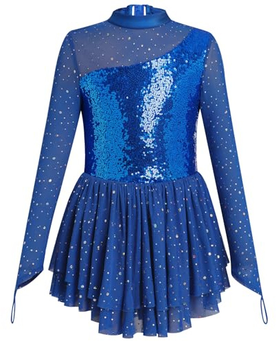 Odizli Abito da Balletto per Ragazze a Maniche Lunghe con Paillettes e Glitter, Costume da Ginnastica, Balletto, Mesh, Tutu, Abito da Ballo, Pattinaggio su Ghiaccio, Blu, 9-10 Anni