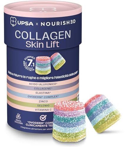 UPSA Gummies 7-in-1 - Collagene e Acido Ialuronico Gummies x30 - Skin Lift Effetti Provati in 15 Giorni - Migliora l'Elasticità della Pelle - Riduce le Rughe - Senza Zucchero, Vegetarian