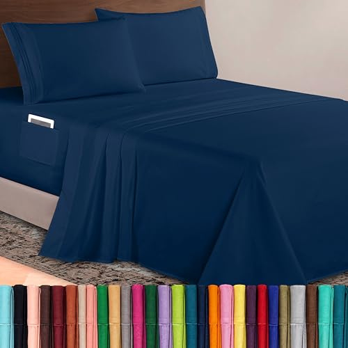 Elegant Comfort Luxurious 1500 Premium Hotel Quality Microfiber 4-Piece Sheet Set, 18-24 Inches Deep - Extra Deep Pocket Sheets - Ultra Soft 4PC Deep Pocket Sheets, Full, Navy Blue