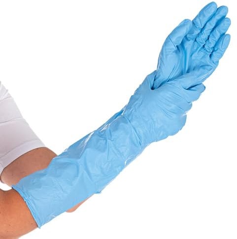 FRANZ MENSCH 50 Stück Hygostar Nitrilhandschuhe Extra Safe Superlong | puderfrei, Packung, blau, 7/S, L: 40cm, Nitrilhandschuhe, Schutzhandschuhe, Einmalhandschuhe