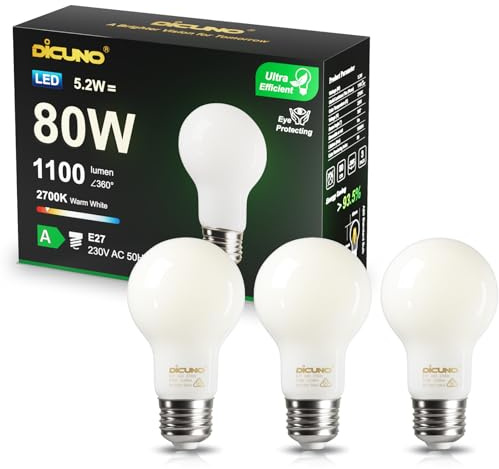 DiCUNO Lampadina LED E27 UltraEfficient Classe A, 5.2W=80W, 2700K, 3 Pezzi | Bianco caldo, 1100lm, Vetro, Non dimmerabile, Risparmio energetico, Lampadina LED E27 a filamento per sospensione e applique