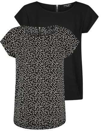 DENIMFY Tshirt Damen Set DFAda Regular Fit 2er Pack Rundhals Kurzarm Top | Sommer Reißverschluss Basic Muster Einfarbig Schwarz Rose Grün Navy S M L XL XXL
