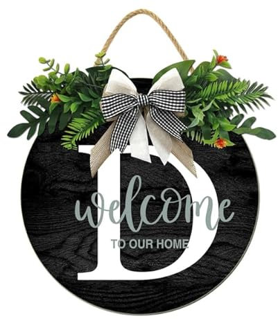 Horienteeon Cartello di benvenuto con cognome per porta d'ingresso, lettera D, ghirlande, decorazione per porta, 26 lettere, rustico, in legno, per casa, famiglia, cognome, benvenuto, regali di
