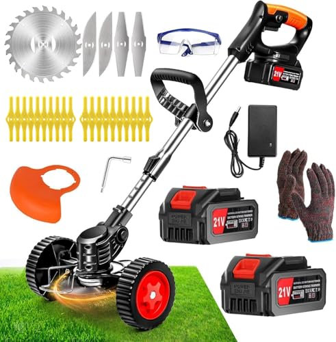 Debroussailleuse Electrique sans Fil,21V 4000AH Coupe Bordure sans Fil avec 2 Batterie et Trois Types De Lames,Bordure avec Roues,Légère à Faible Bruit pour La Coupe De Jardin, Pelouses Arbustes