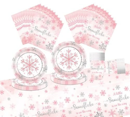 Fuwraixis Frozen Partygeschirr, 61 Stk Snowflake element Party Dekorationen, Kindergeburtstag Pappteller Set, rosa Schneeflocke Papierbecher Servietten und Tischdecken, Für 20 Personen