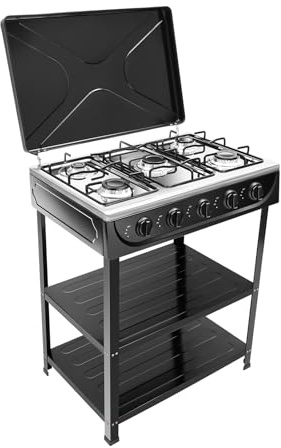 OUKANING Cuisinière à gaz, 5 flammes, 2,5 kW par brûleur, pose libre pour NG/LPG, avec boutons rotatifs, couvercle et pieds antidérapants, pour l'extérieur, le camping, le camping-car (noir)