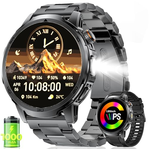 FEELNEVER Militär Smartwatch Herren mit 1000 mAh/1,85 HD Großes Touchscreen/LED-Licht,Fitnessuhr mit 2 Armbändern/110+ Sportmodi,Herz-/Schlaftracking,IP68 wasserdicht,Uhr für iOS/Android,Schwarz