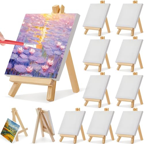 12 Piezas Mini Lienzos con Caballete Madera, Lienzo Blanco Pequeño 10x10 cm, Caballetes Triangular Plegable, Trípode Pinturas para Decoración Mesa, Pintar, Dibujar, Artista & Manualidades
