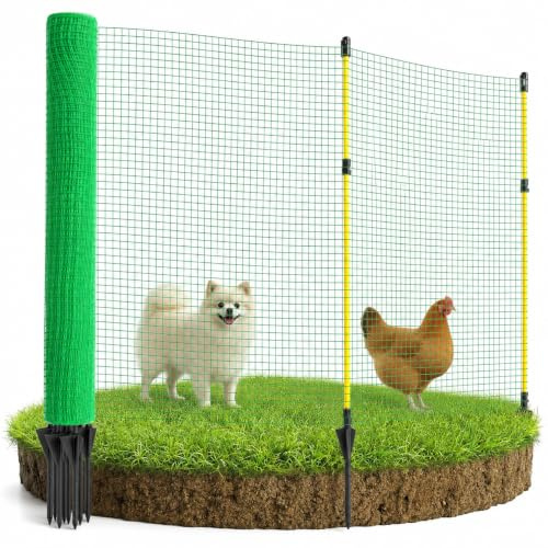 RugoTech Steckzaun & Weidezaun aus Nylon – 90 cm x 25 m, 14 Pfähle – mobiler Hundezaun & Campingzaun für Hunde, Hühnerzaun, Geflügelzaun, Gartenzaun – Begrenzungszaun, Gartennetz, Geflügelnetz, grün