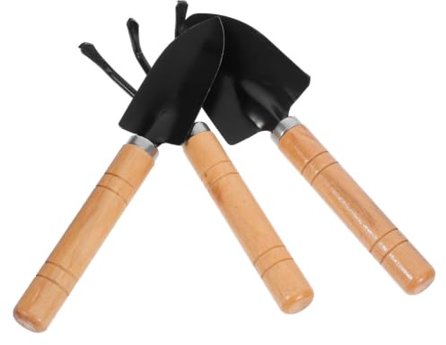 HOUDERCO Set di Attrezzi da Giardino 3 Pezzi per Principianti con Paletta, Rastrello e Vanga in Legno e Ferro, Design Compatto per Giardinaggio Indoor e Balconi