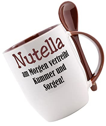 Tasse mit Löffel Nutella am Morgen vertreibt Kummer und Sorgen Löffeltasse, Kaffeetasse mit Motiv,Bürotasse, bedruckte Tasse mit Sprüchen oder Bildern