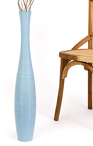 Leewadee Große Deko Bodenvase Für Dekozweige, Hohe Standvase Für Pampasgras, Design Holzvase, 70 cm, Hellblau