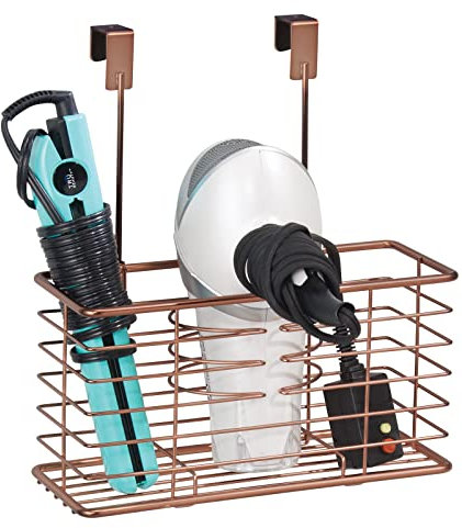 mDesign Over The Door Hair Dryer Holder - Hair Dryer Storage in a Mesh Basket - Practical Multifunctional Shelf for Hair Dryer, Curling Iron or Hair Straightener - Bronze