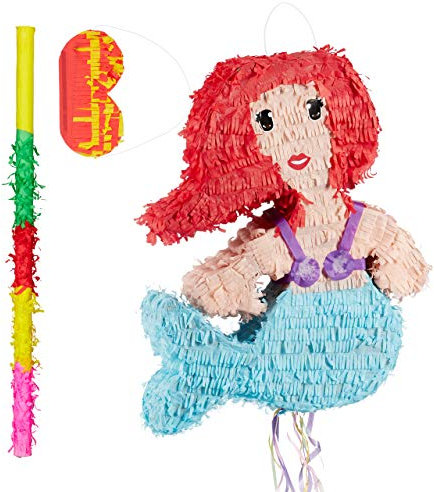 Relaxdays 3 TLG. Pinata Set Meerjungfrau, Pinatastab mit Augenmaske, für Kinder, Stock & Augenbinde, selbst befüllen, Piñata, bunt
