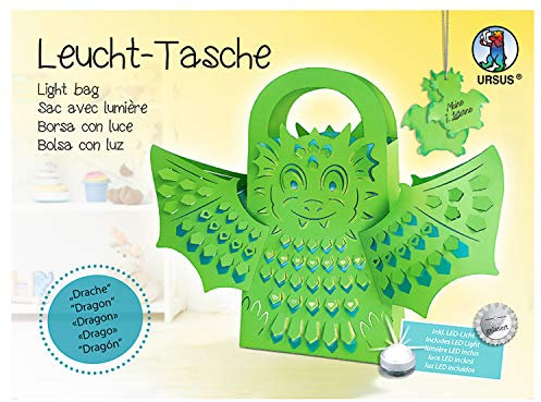 Ursus 18500002 - Leuchttasche Drache, grün, ca. 37 x 30 cm, aus Fotokarton mit 3D Struktur, gelasert und genutet, inklusive LED Licht und Batterien, für Martinsumzug, Halloween oder Nachtwanderung