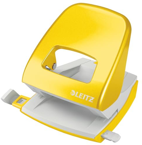 Leitz Büro Locher aus Metall, Für 30 Blatt, Anschlagschiene mit Formatvorgaben, Ergonomisches Design, gelb, WOW-Serie, 50081016