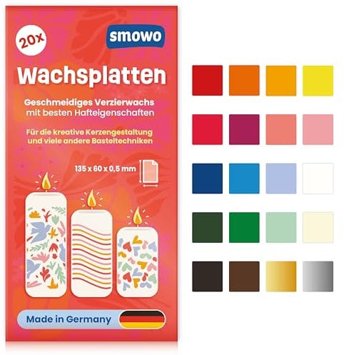 Smowo® 20 Wachsplatten zum Verzieren und Gestalten von Kerzen - Ideal für Kommunion, Taufe und Basteln - Kerzenwachs Platten Set für DIY Kerzenkunst