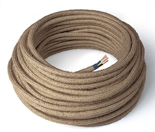 Amarcords - Câble électrique textile couleur JUTE, rond, jute, 30 mètres, avec mise à la terre 3x0,75 - Fil vintage en tissu coloré, pour lampes, lustres, appliques et abat-jours.