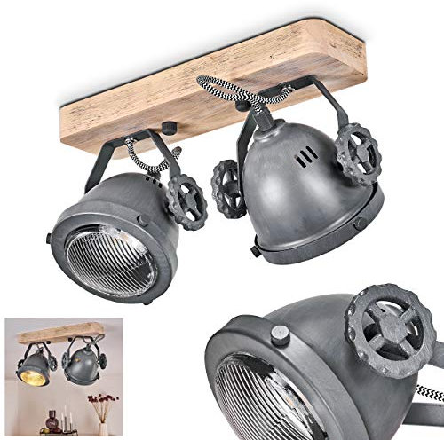 HOFSTEIN Deckenleuchte Herford, verstellbare Deckenlampe aus Metall/Holz/Glas in Grau/Braun/Natur, 2-flammig, 2 x GU10-Fassung, dreh- u. schwenkbarer Spot im Retro Design, ohne Leuchtmittel