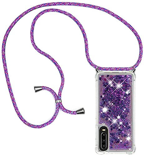 HongMan Collier Coque pour Huawei P30 - Mode Tour de Cou Telephone Étui Paillettes Quicksands Liquide Glitter Cover, Housse pour Smartphone Lanyard Transparente Case