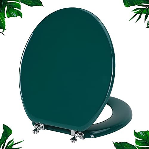 Angol Shiold Dark Green Round Toilet Seat - Natural Wood with Zinc Alloy Hinges, Easy to Install and Clean, Scratch Resistant