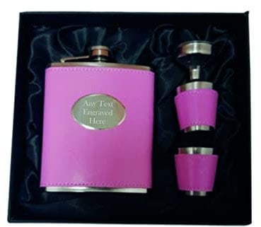 [Custom] Personalised Engraved Pink 7oz Hip Flask Gift Set, with 2 Cups and Funnel