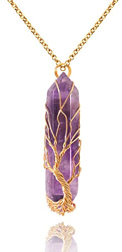 VIBILIA Healing Crystal Necklace Tree of Life Wire Wrapped Natural Stone Point Pendant Necklace Hexagonal Reiki Spiritual Quartz Gemstone Jewelry for Women Men, copper alloy, quartz,amethyst