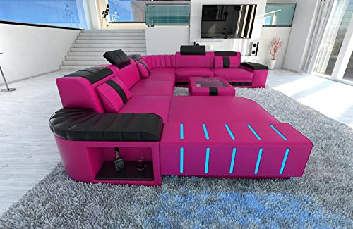 Wohnlandschaft Bellagio XXL Leder Couch mit Kopfstützen Ledersofa LED Licht Sofa mit Ottomane (Ottomane Links, Pink-Schwarz)